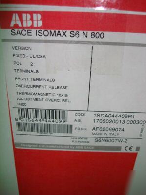 New abb S6N600TW-2 sace isomax S6 n 800 2PORT c-breaker