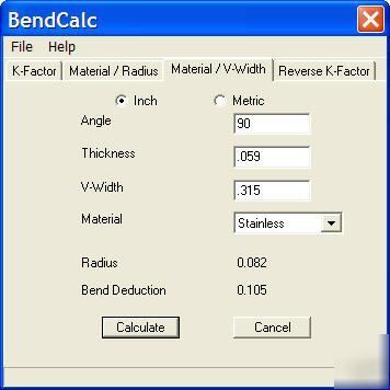 Sheet metal bend deduction and allowance calculator