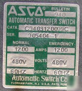 Asco automatic transfer switch 1200 amp bul. 940