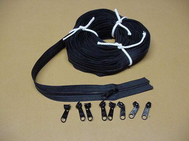 New 30' black ykk # 5 coil zipper chain & 9 black pulls 