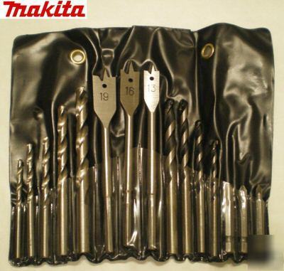 New makita 15PC mixed drill bit set in roll bag, brand 