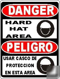 Danger bilngual hard hat area sign casco de proteccion