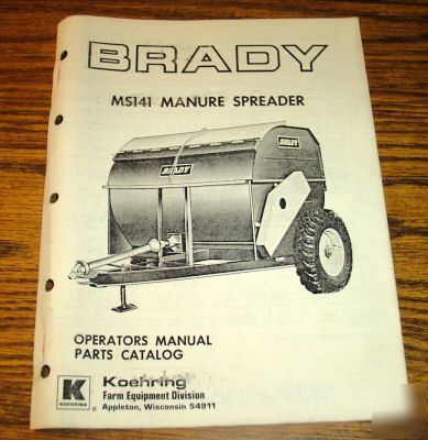 Brady MS141 manure spreader operators parts manual book