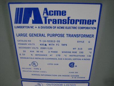 Acme transformer 30 kva t-1A-53312-3S 480 / 208 / 120 v