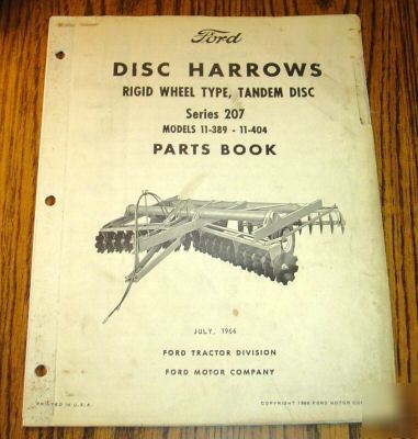 Ford series 207 tandem disc harrow parts catalog book