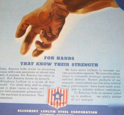 Allegheny-ludlum steel uncle sam roll up sleeve-1941 ad