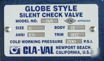 New cla-val 581 globe check valve 6 inch 