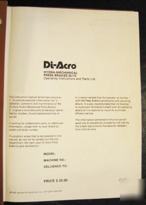 Di-acro 55/75 ton press brake operating manual & parts
