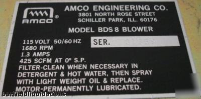 Amco bds 8 blower 1680 rpm -1.3 amps-425 scfm at 0 spm
