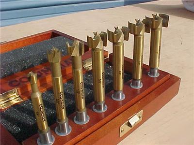 Forstner drill bit set in wood box. columbian