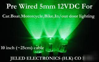 100XGREEN wide viewing 5MM led set 25CM pre wired 12VDC