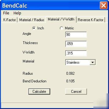 Sheet metal bend deduction and allowance calculator