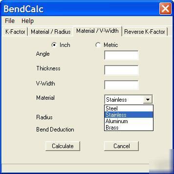 Sheet metal bend deduction and allowance calculator