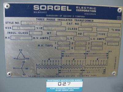 Square d sorgel 75 kva 480V-208Y/120V transformer used