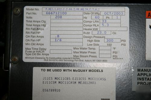 New mcquay terminal ac/heat type j incremental packaged