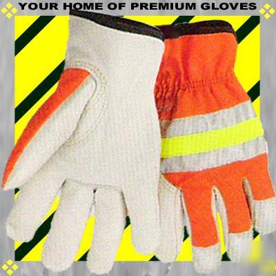 Reflective premium leather work glovestop grain cowhide