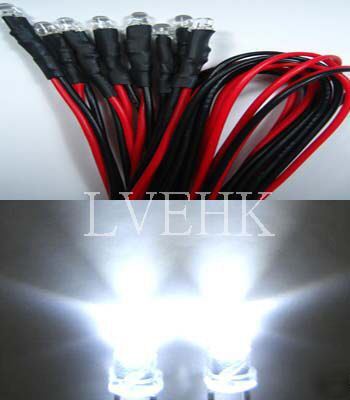 10P 12VDC pre wired superbright 3MM white led 10,000MCD