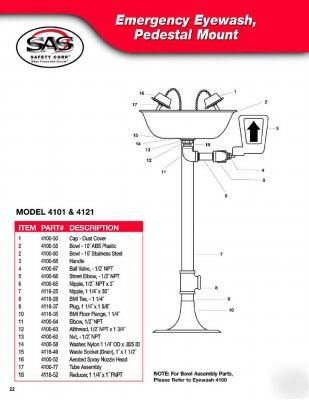 Sas 4121PEDESTAL mount eye wash station, stainless bowl