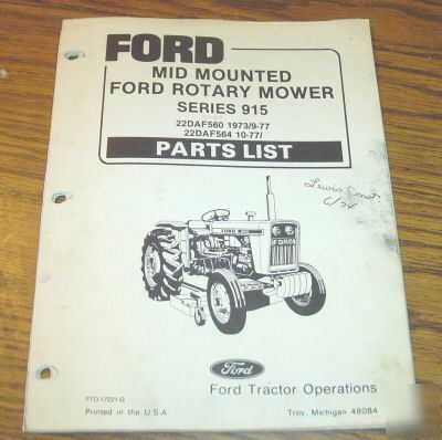 Ford 915 mid mount rotary mower parts catalog manual