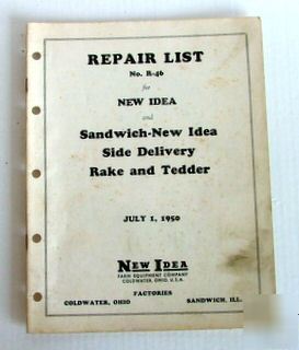 New 1950 repair list manual idea side delivery rake