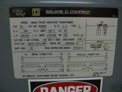 Square d 50 kva 208V-120/240V single phase transformer 