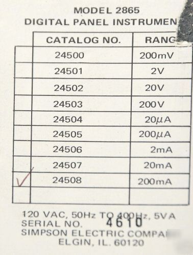 Simpson digital dc 200 milliammeter model 24506